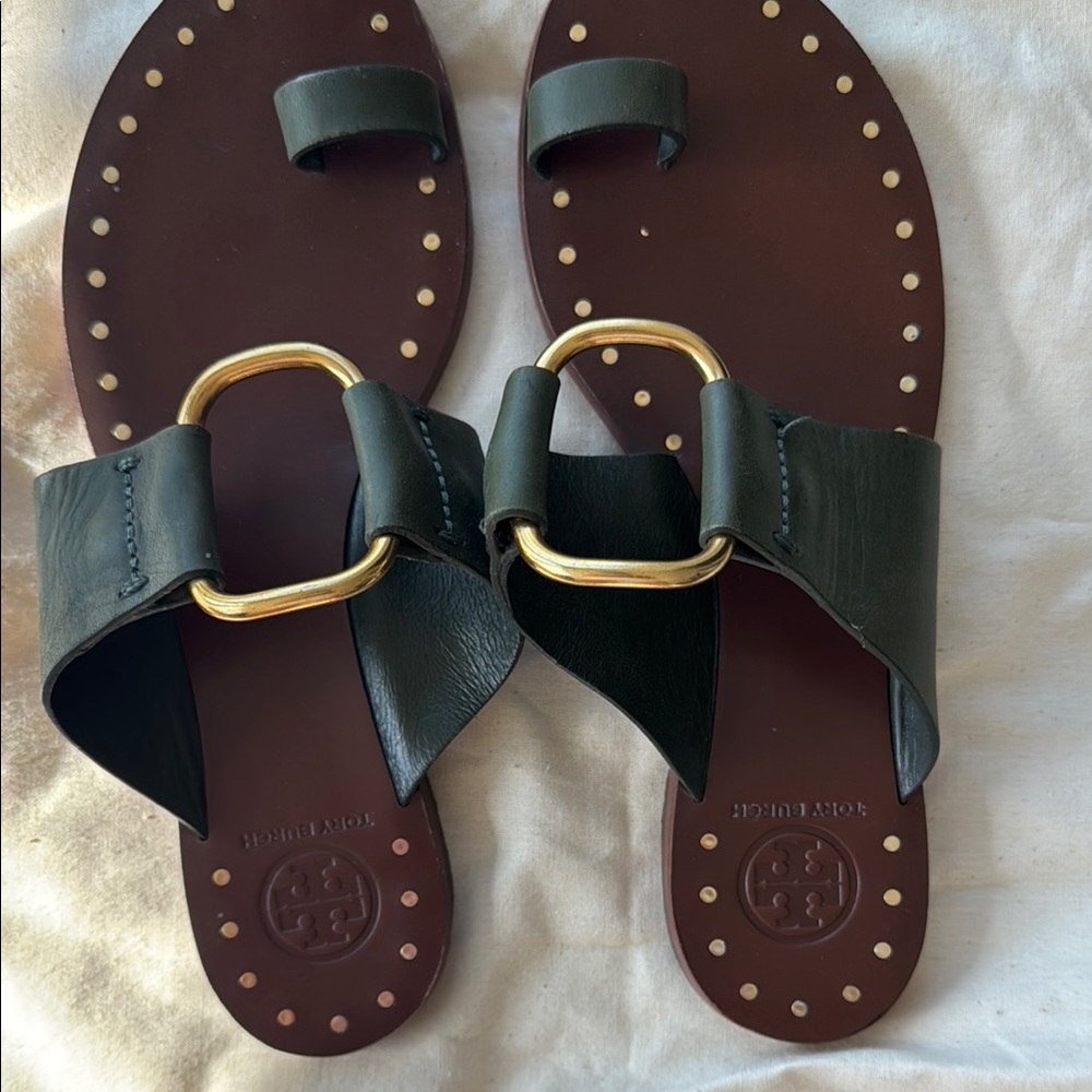 Tory Burch green  Slide Sandals with Gold Buckle